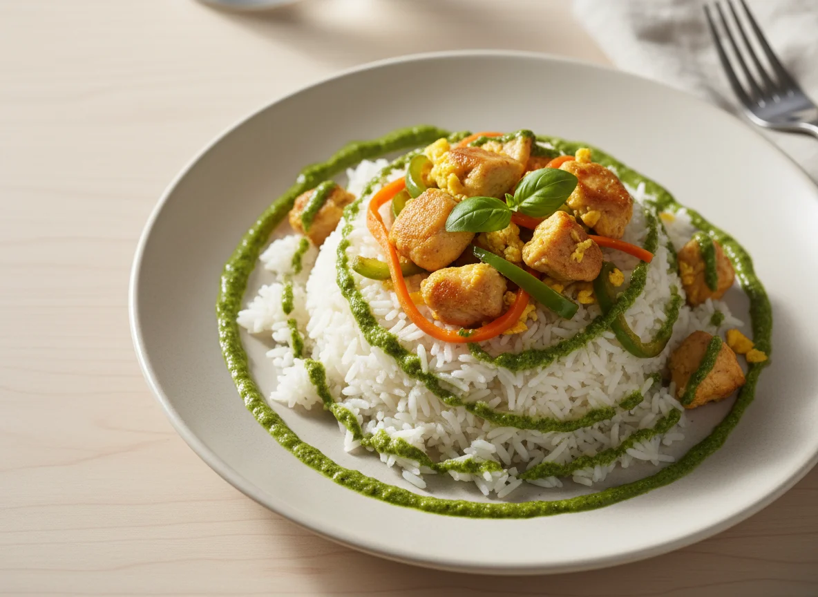 Rice with Stir-fried Vegetables, Egg, and Chicken with Green Sauce photo