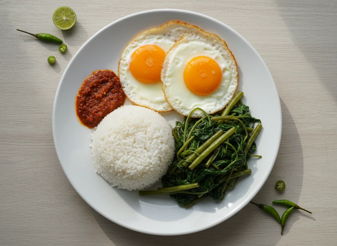 Rice with Stir-fried Water Spinach and Fried Eggs photo