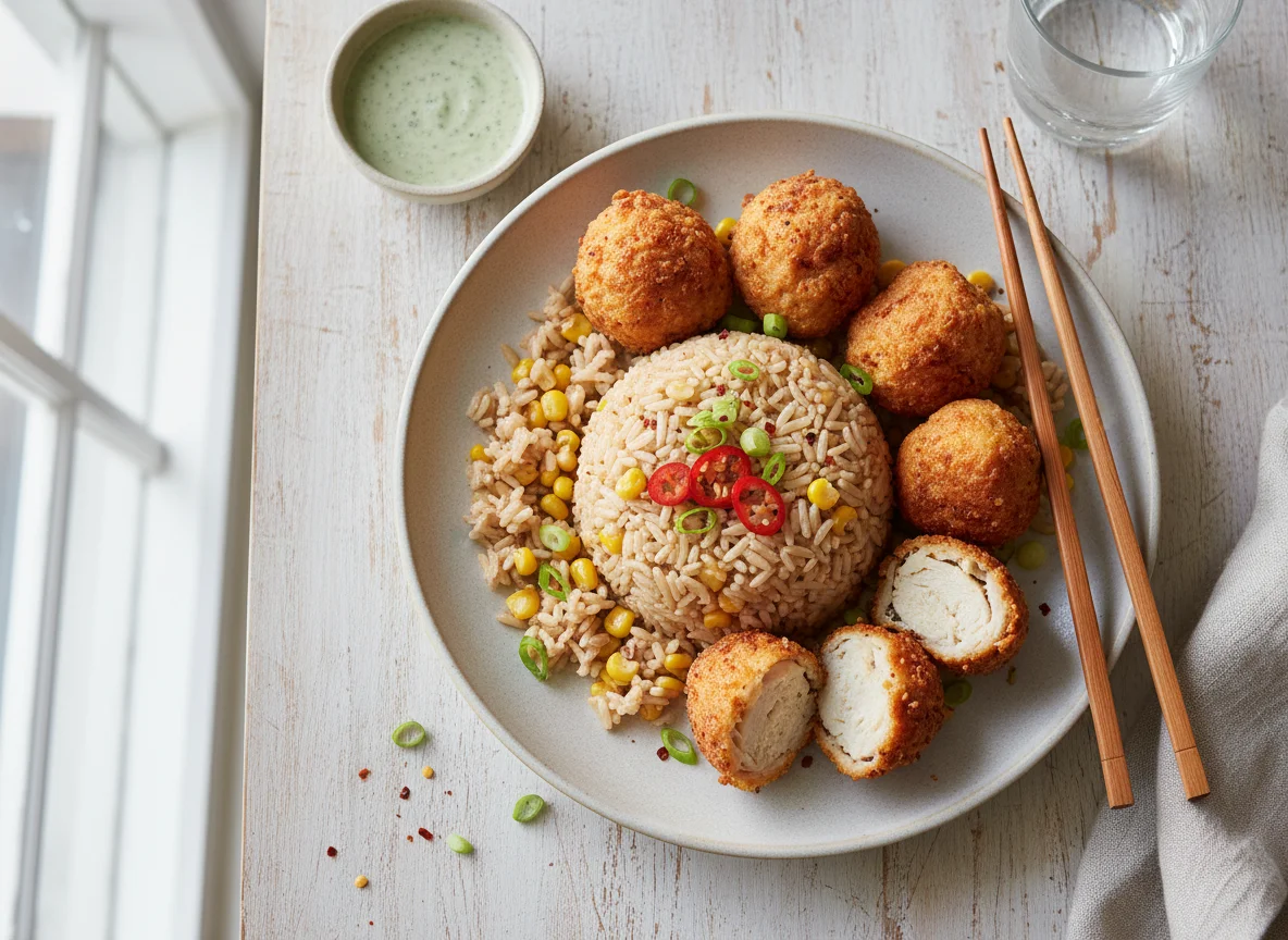 Rice with Sweetcorn and Fried Chicken Balls photo