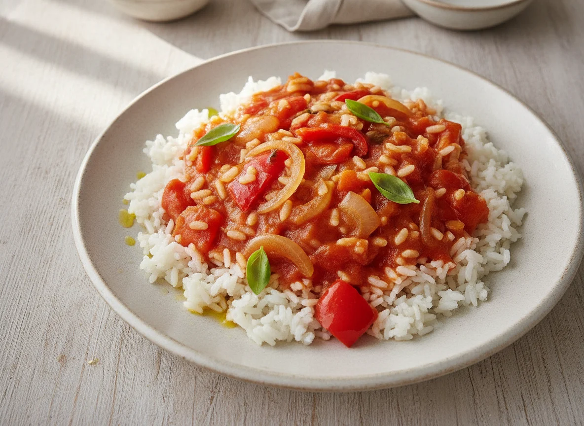 Rice with tomato sauce and vegetables photo