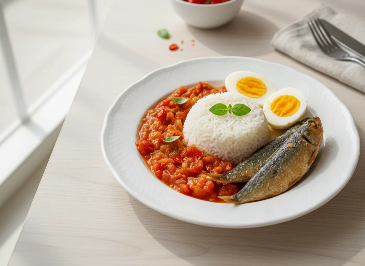 Rice with Tomato Stew, Fish, and Boiled Eggs photo