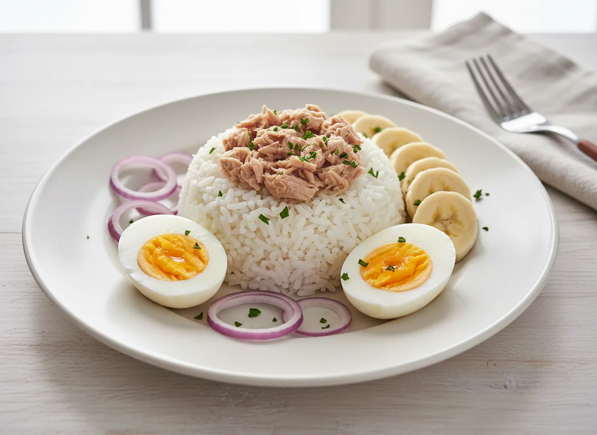 Rice with Tuna, Boiled Eggs, Onion, and Banana photo