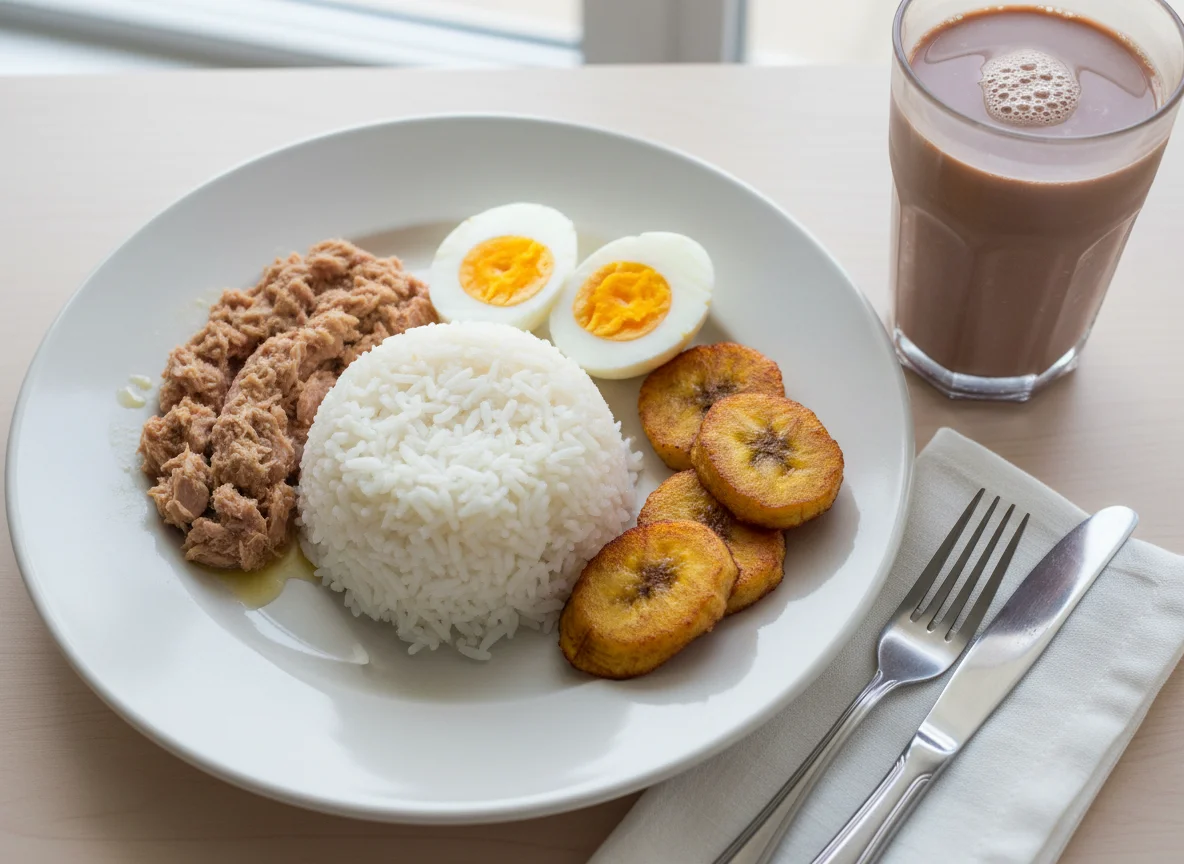 Rice with Tuna, Fried Plantains, Boiled Eggs, and a Beverage photo