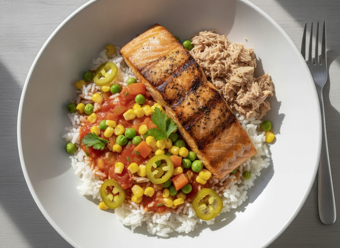 Rice with tuna, grilled salmon and vegetables photo