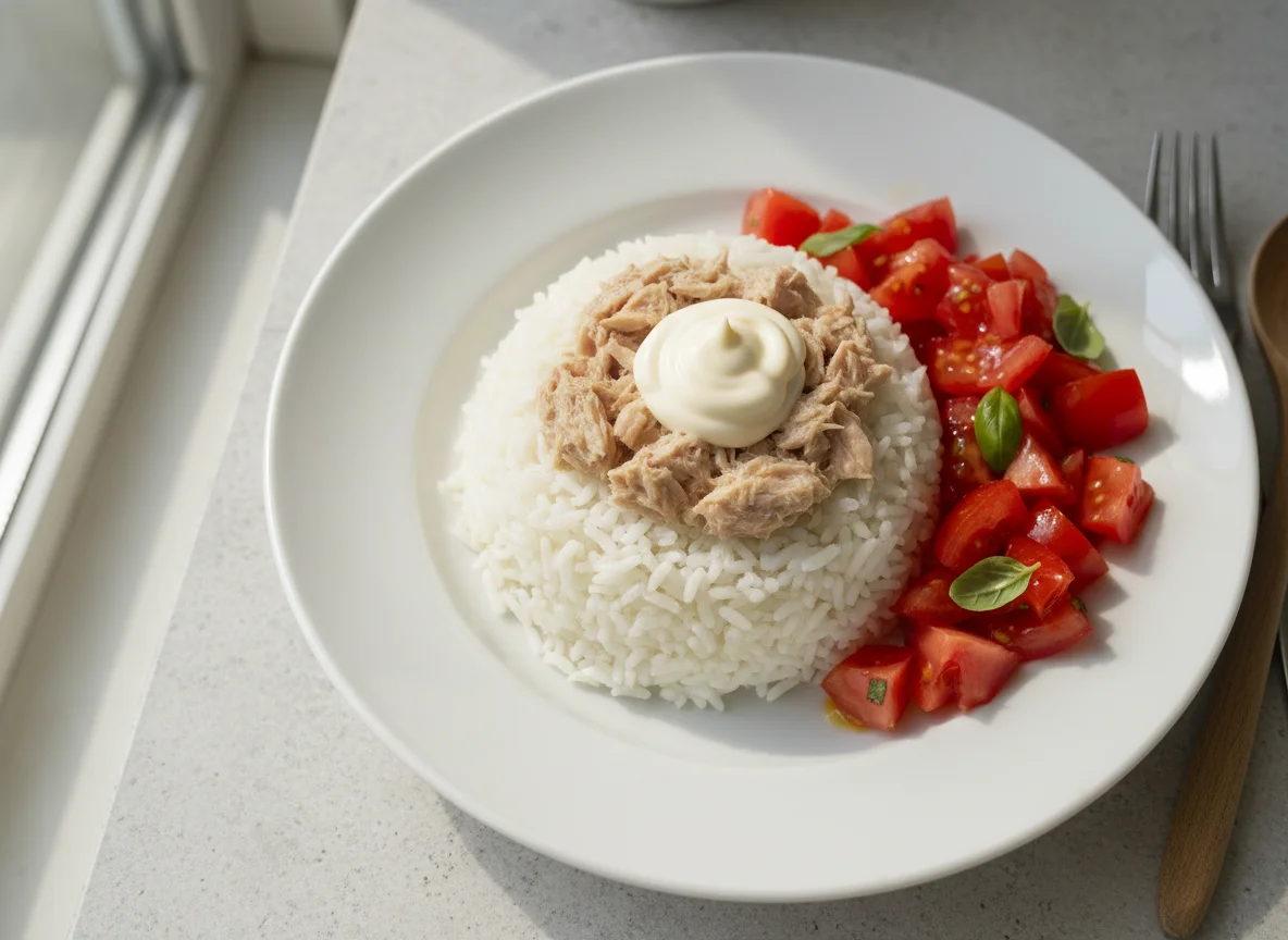 Rice with Tuna, Mayonnaise, and Tomato Salad photo
