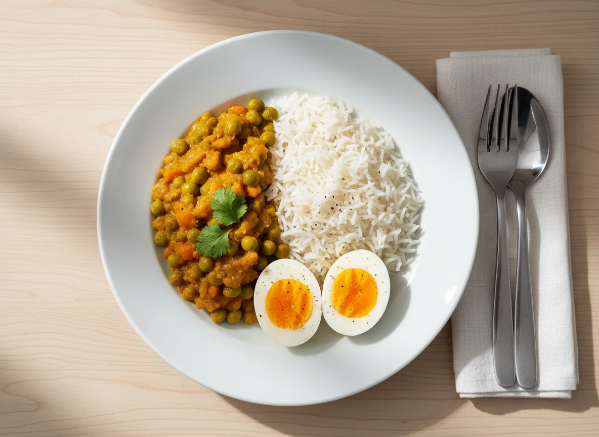 Rice with Vegetable Curry and Boiled Eggs photo