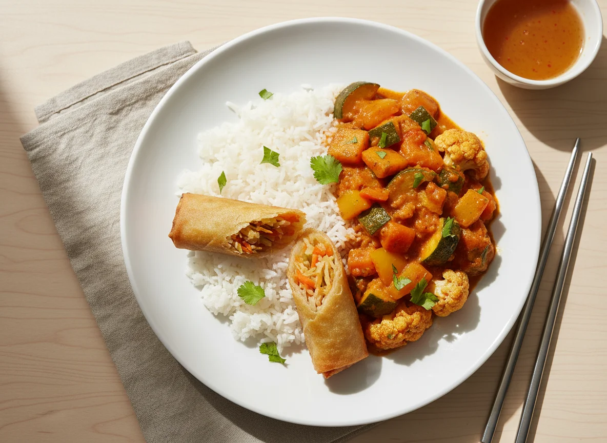 Rice with Vegetable Curry and Spring Roll photo