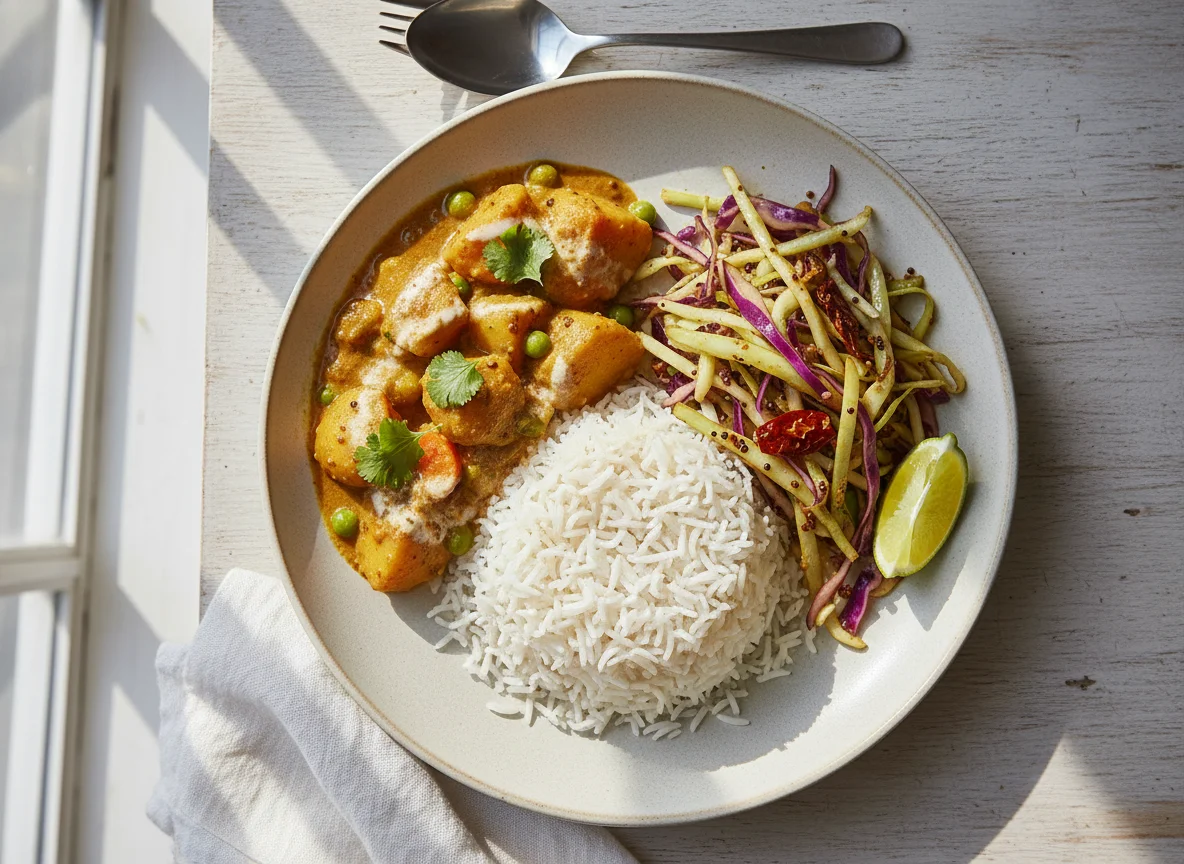 Rice with Vegetable Curry and Stir-fried Cabbage photo