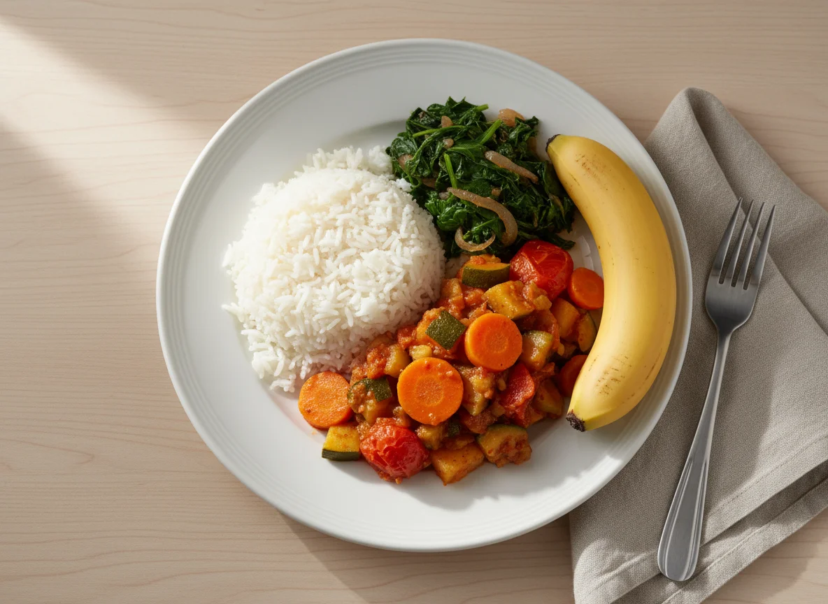 Rice with Vegetable Stew and Banana photo