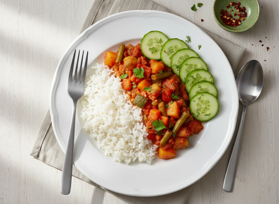 Rice with Vegetable Stew and Cucumber photo