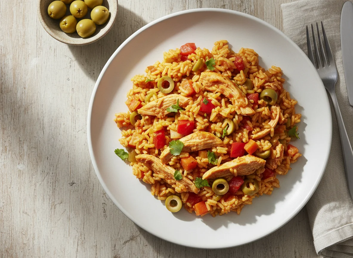 Rice with vegetables and chicken photo