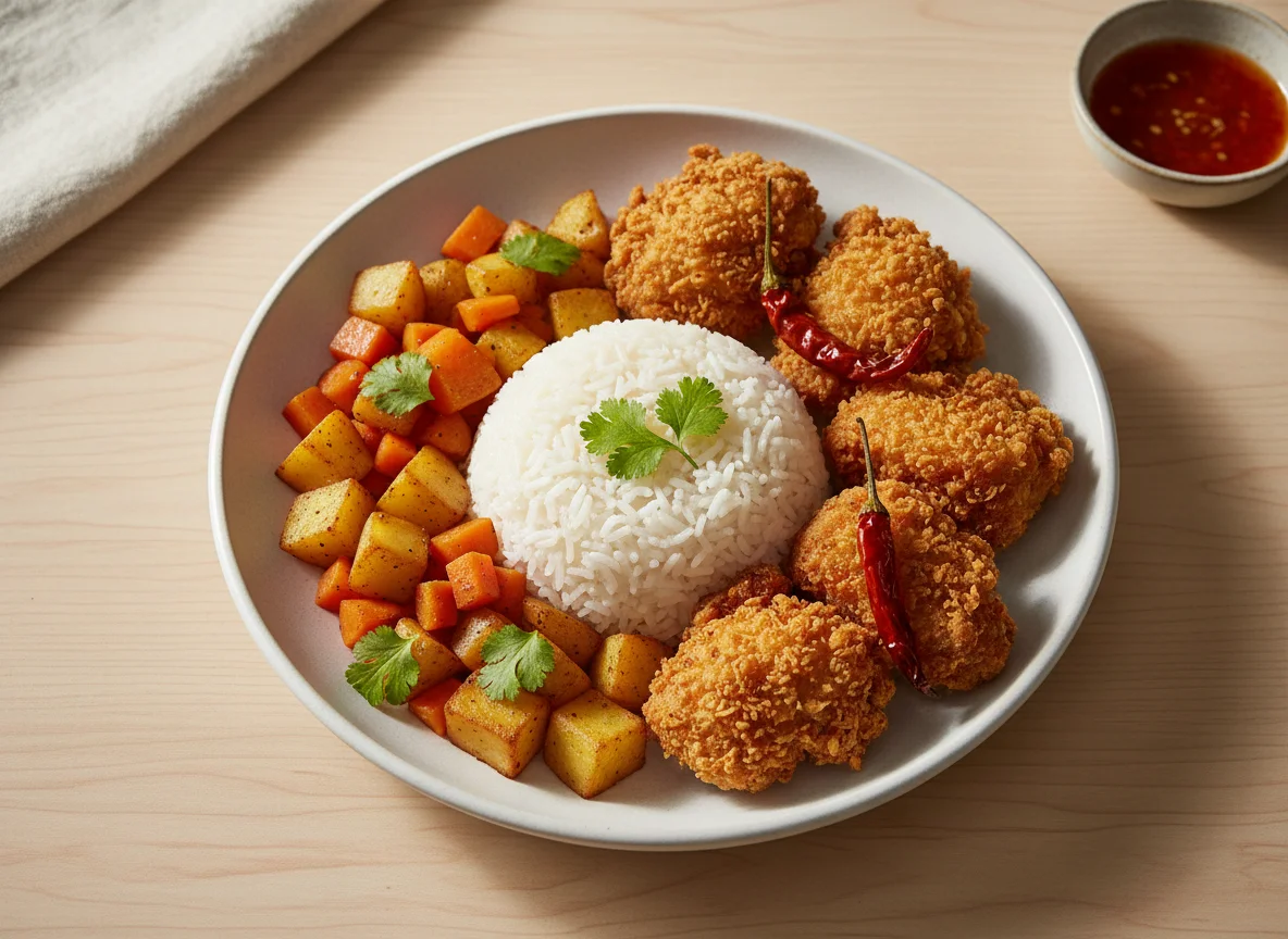 Rice with vegetables and deep-fried items photo