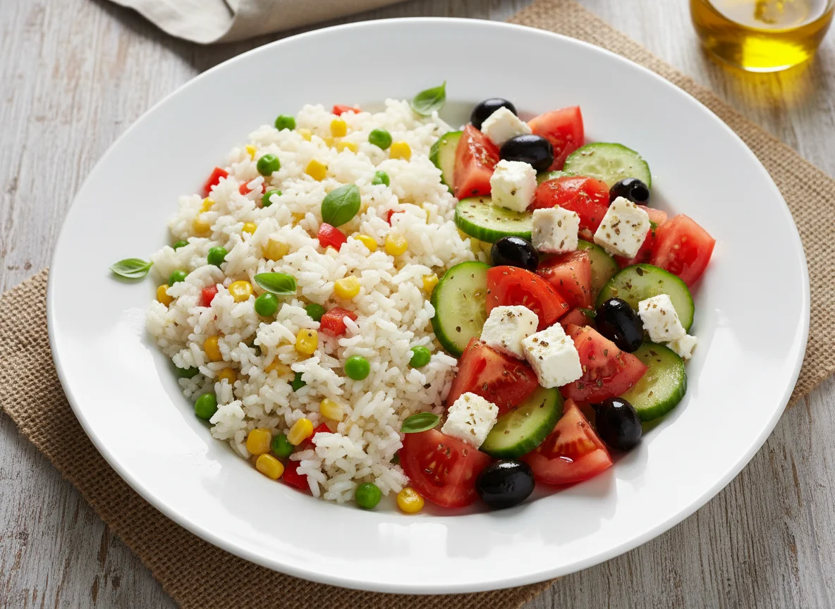 Rice with vegetables and Greek salad photo