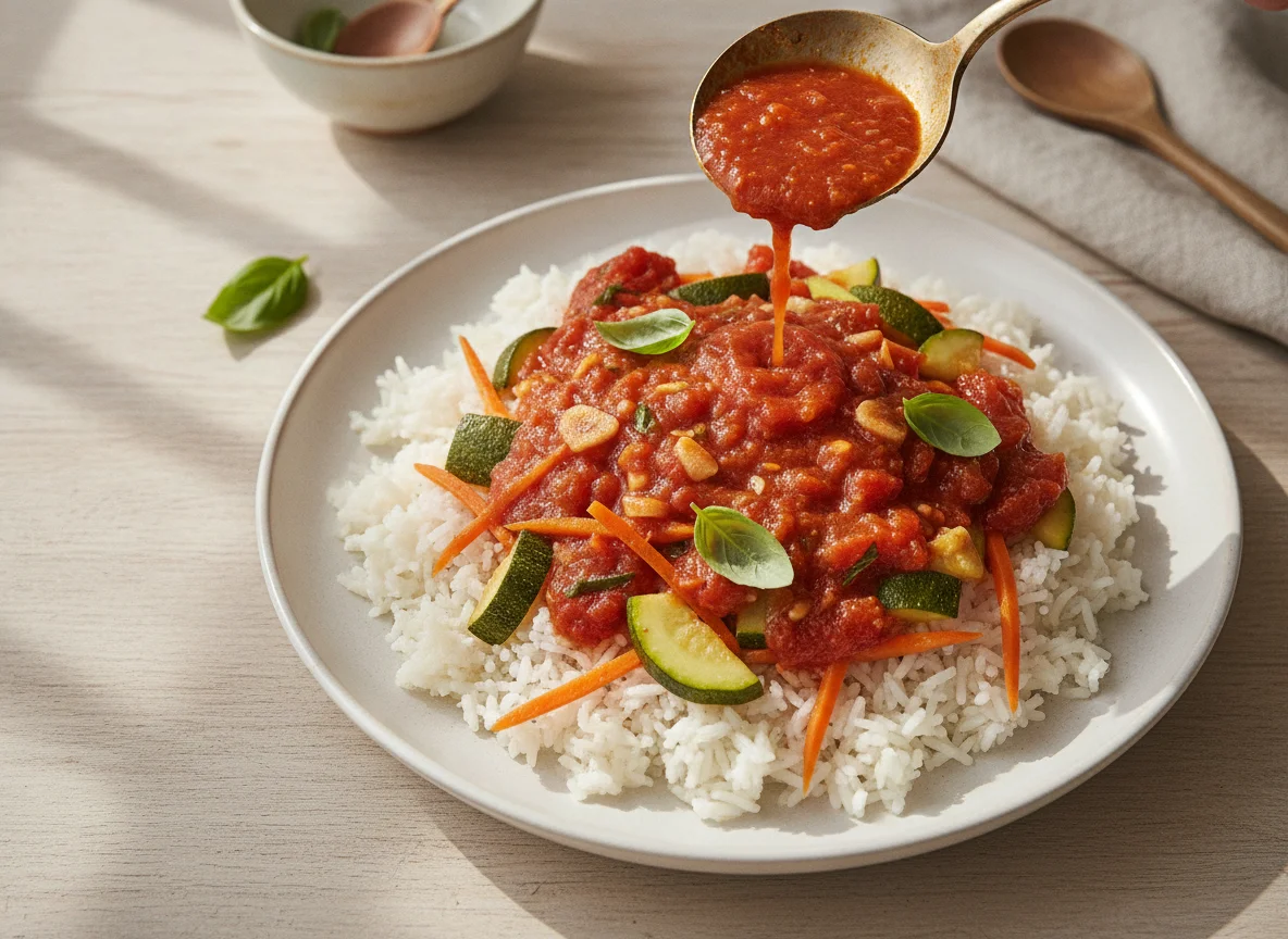 Rice with zucchini and tomato sauce photo