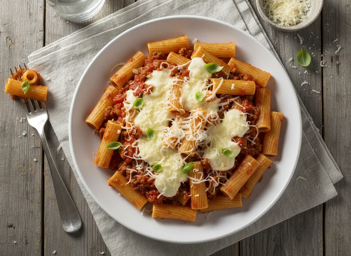 Rigatoni with Meat Sauce and Cheese photo
