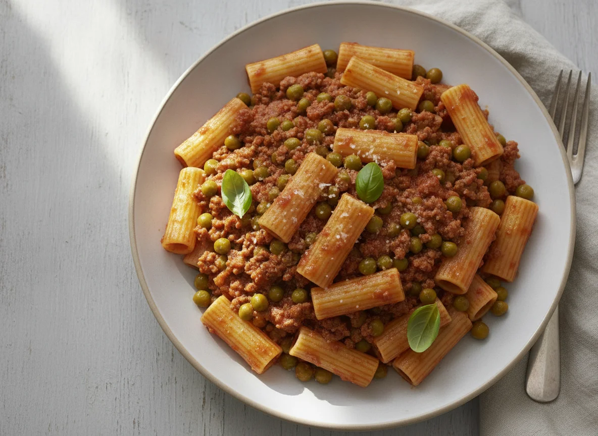Rigatoni with Meat Sauce and Peas photo