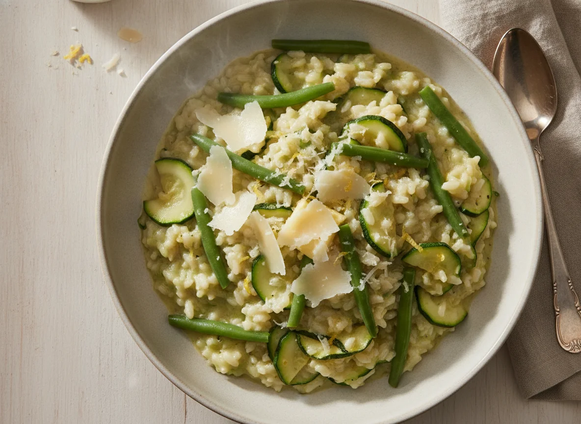 Risotto with green beans, zucchini and parmesan photo