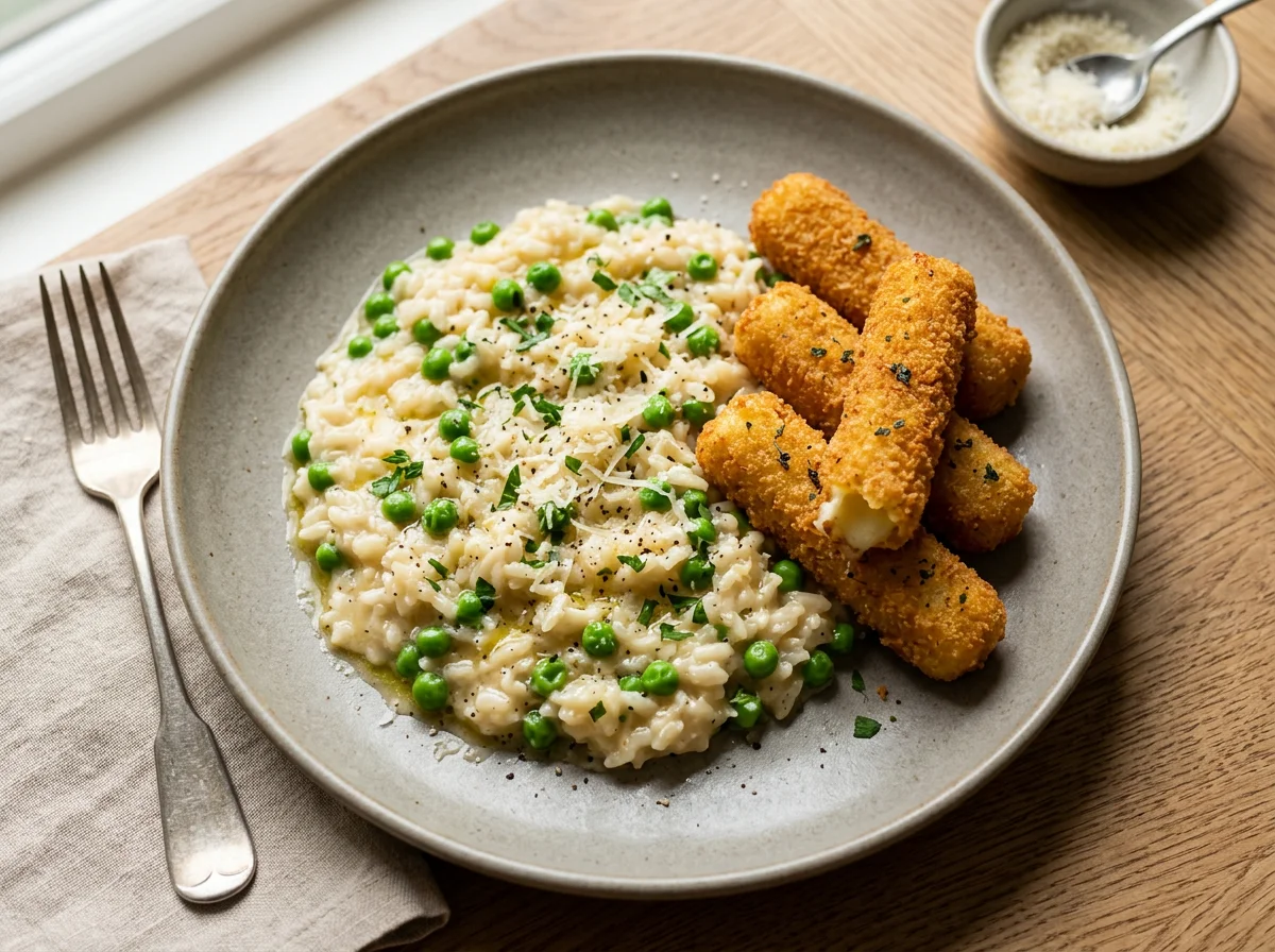 Risotto with Peas and Fried Cheese Sticks photo