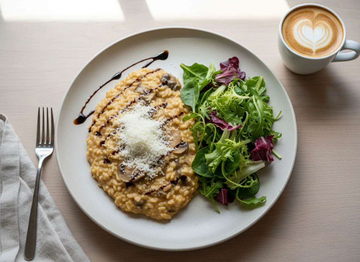 Risotto with Salad and Coffee photo