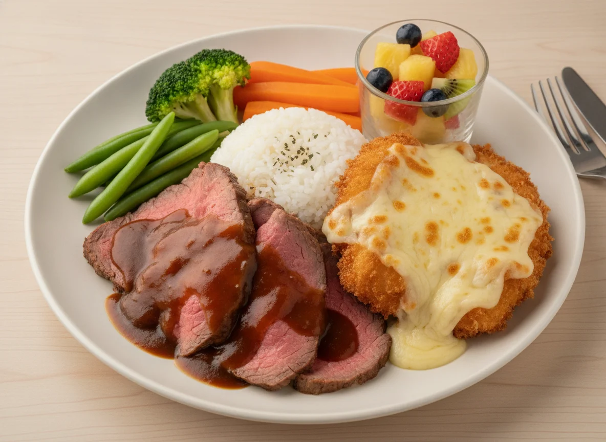 Roast Beef and Chicken Cutlet with Rice and Vegetables photo