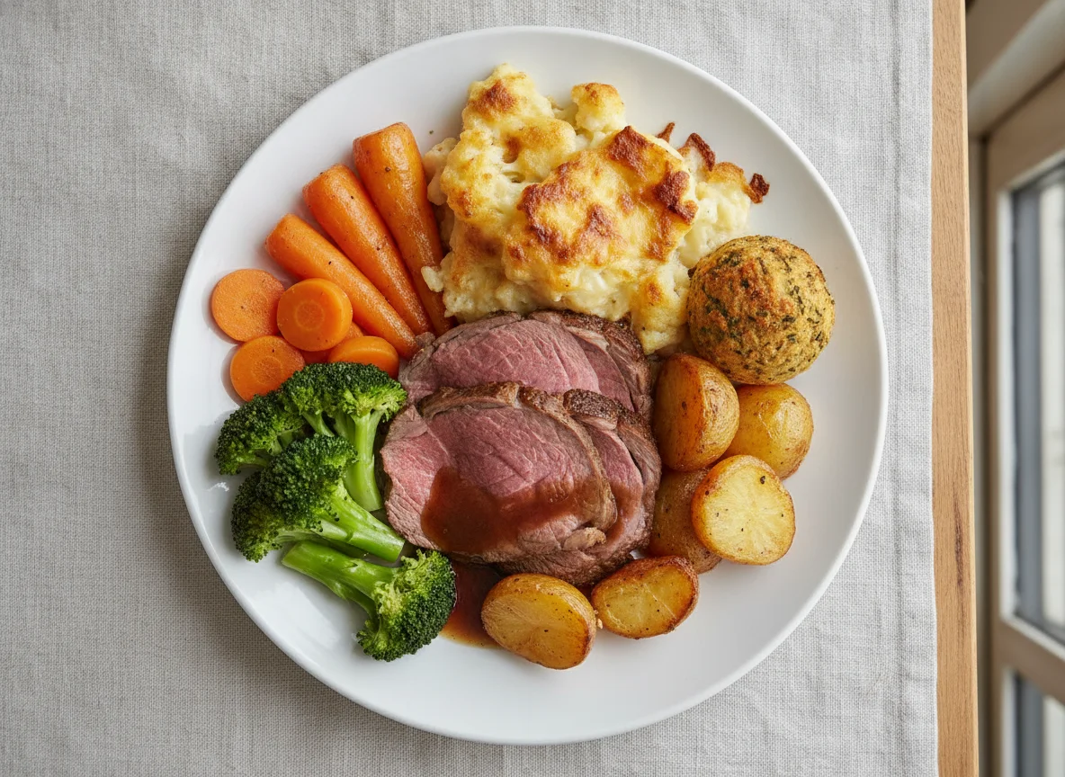 Roast Beef Dinner with Cauliflower Cheese and Vegetables photo