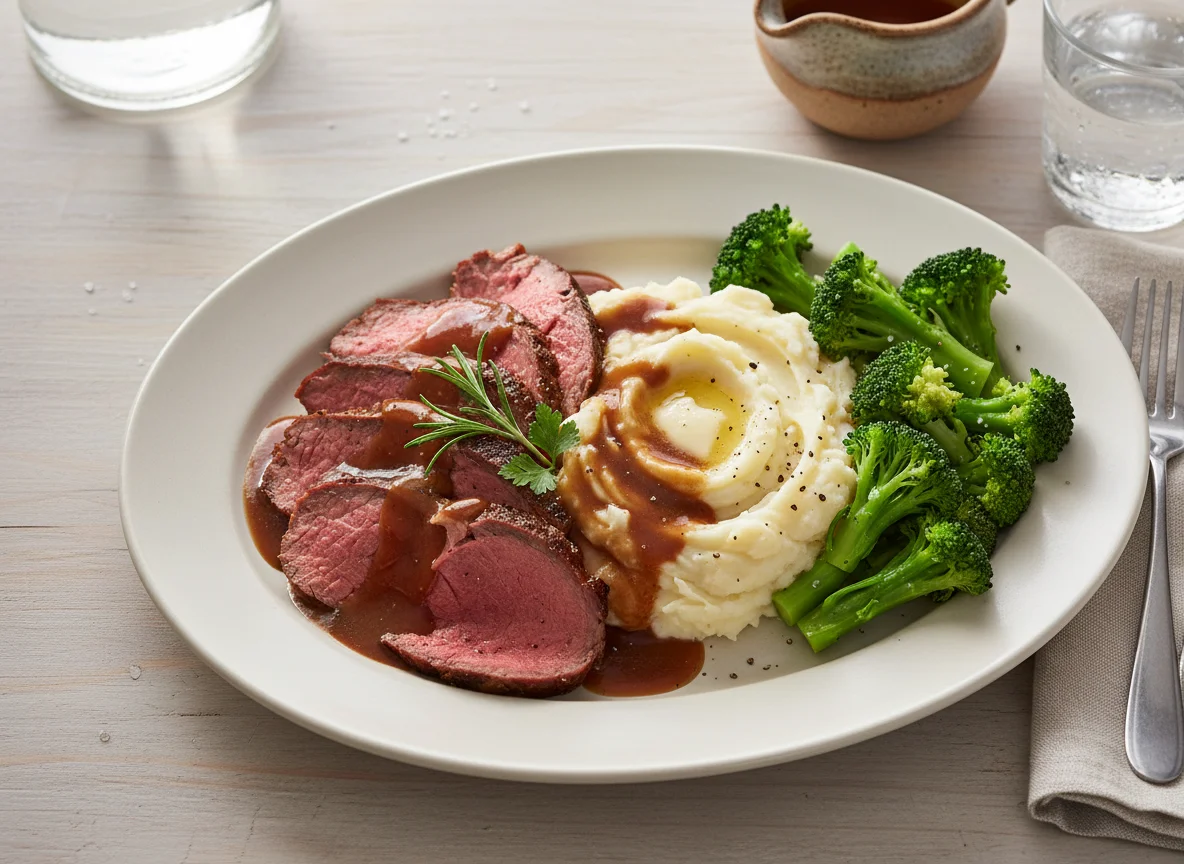 Roast Beef Dinner with Mashed Potatoes and Broccoli photo