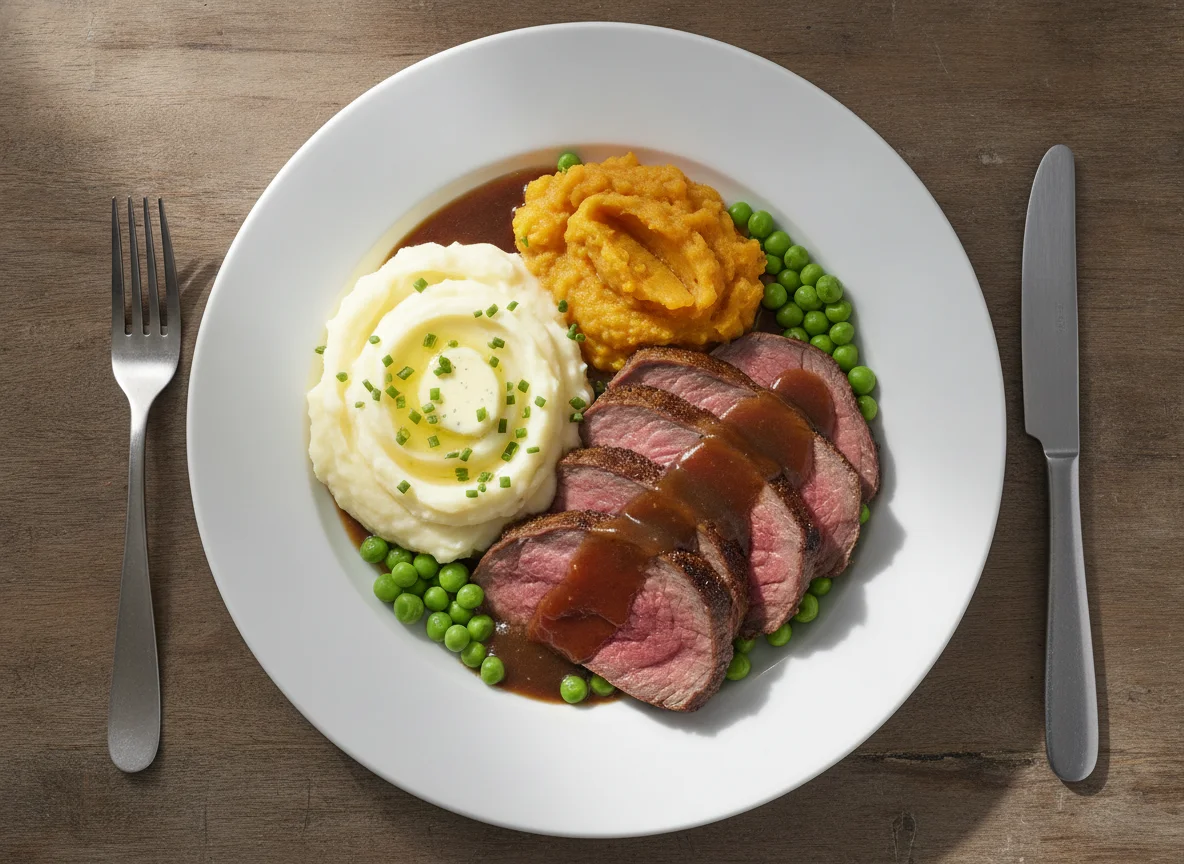 Roast Beef Dinner with Mashed Potatoes and Vegetables photo