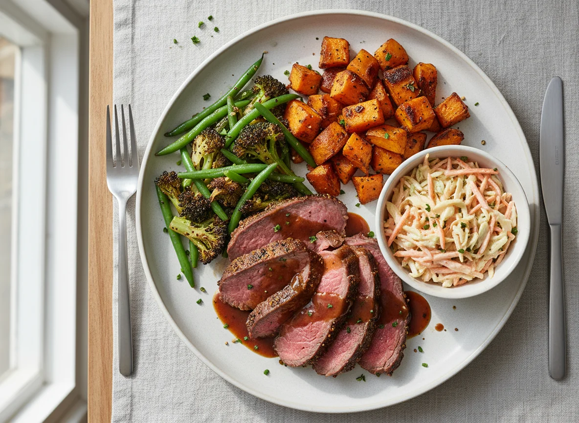 Roast Beef Dinner with Vegetables and Coleslaw photo