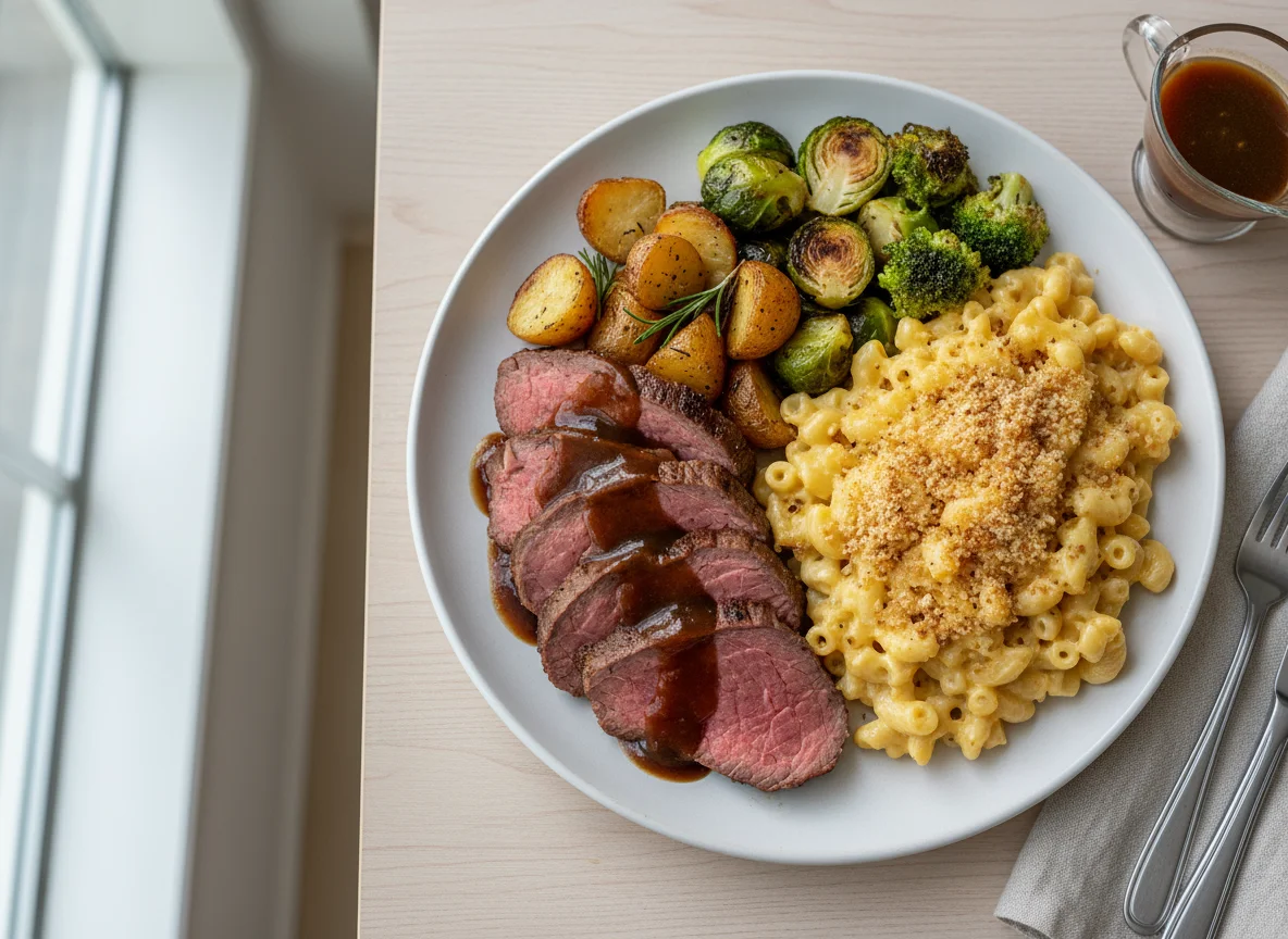 Roast Beef Dinner with Vegetables and Mac & Cheese photo