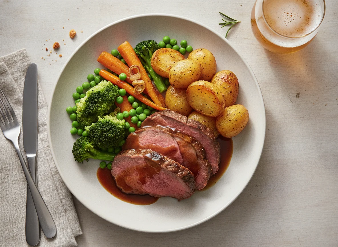 Roast Beef Dinner with Vegetables and Pale Ale photo