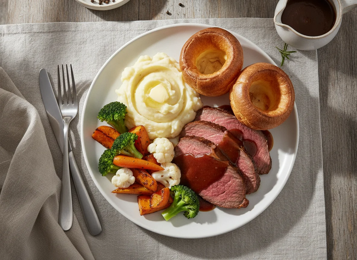 Roast Beef Dinner with Yorkshire Pudding and Vegetables photo