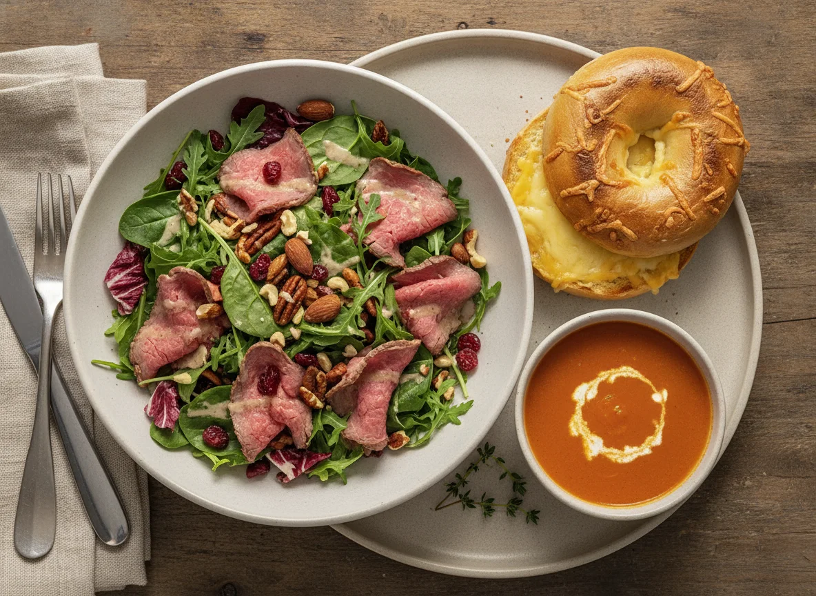 Roast beef salad with nuts and cheese bagel photo
