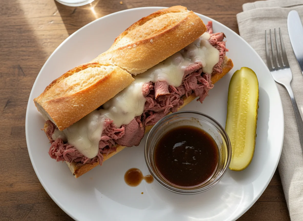 Roast Beef Sandwich with Au Jus and Pickle photo
