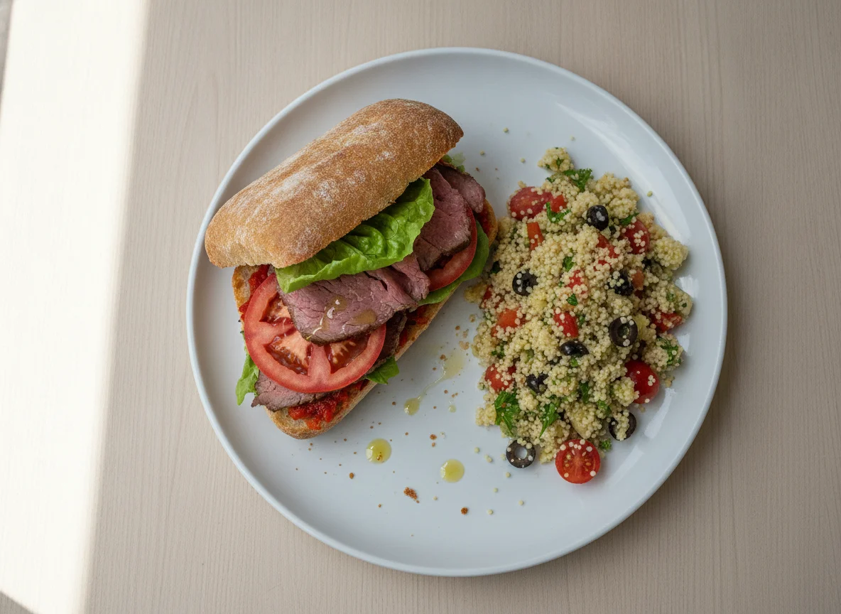 Roast beef sandwich with couscous salad photo