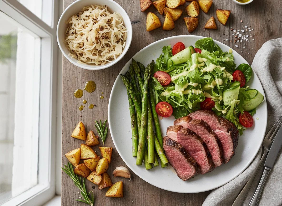 Roast Beef with Asparagus, Salad, Sauerkraut, and Roasted Potatoes photo