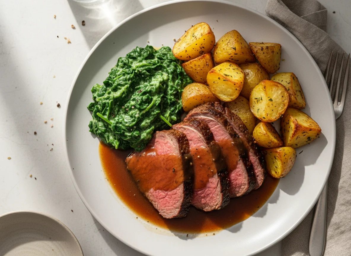 Roast Beef with Creamed Spinach and Roasted Potatoes photo