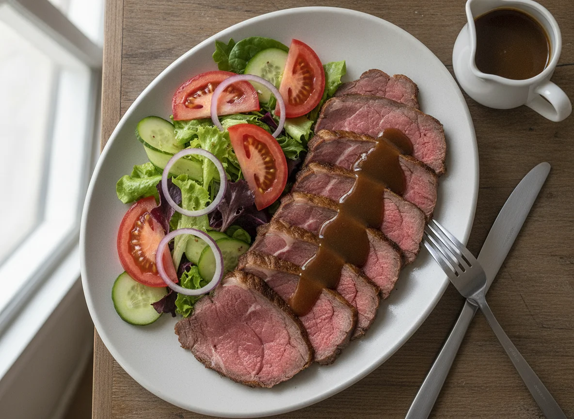 Roast beef with garden salad and gravy photo