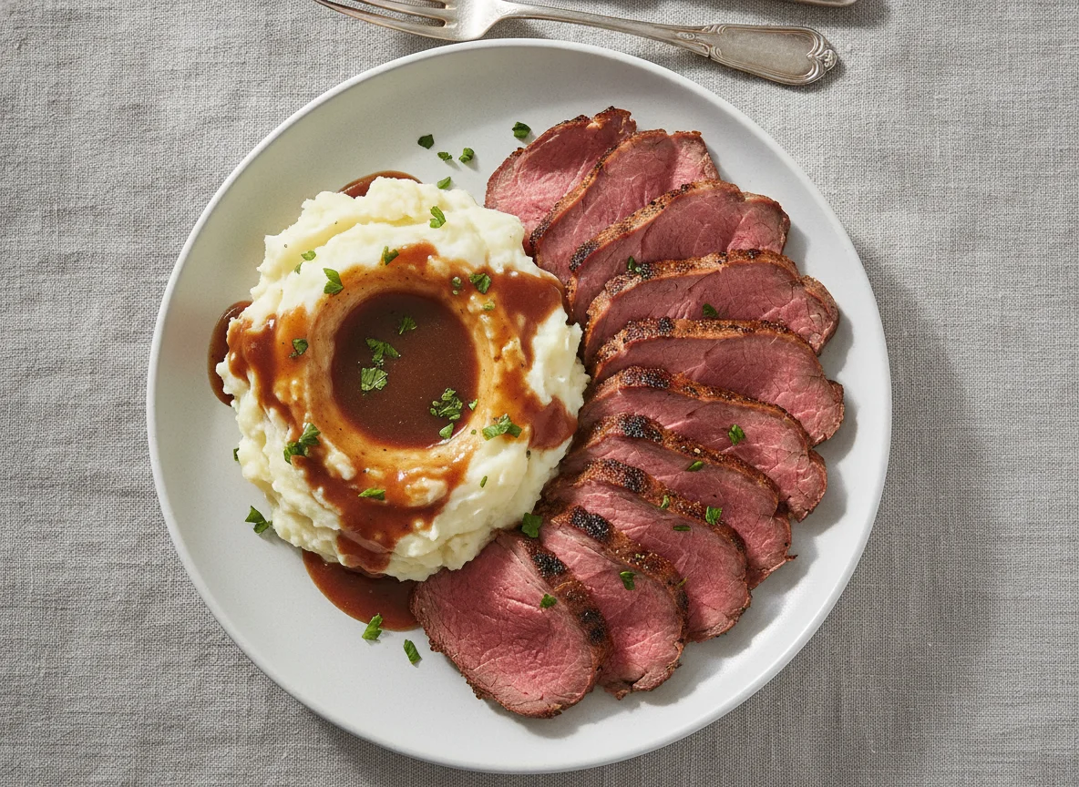 Roast Beef with Mashed Potatoes and Gravy photo