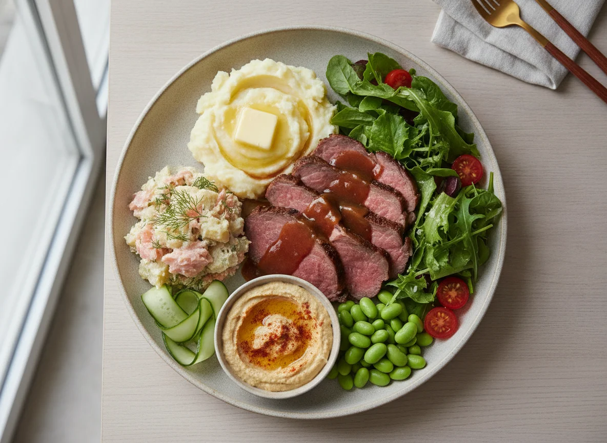 Roast beef with mashed potatoes and mixed salads photo