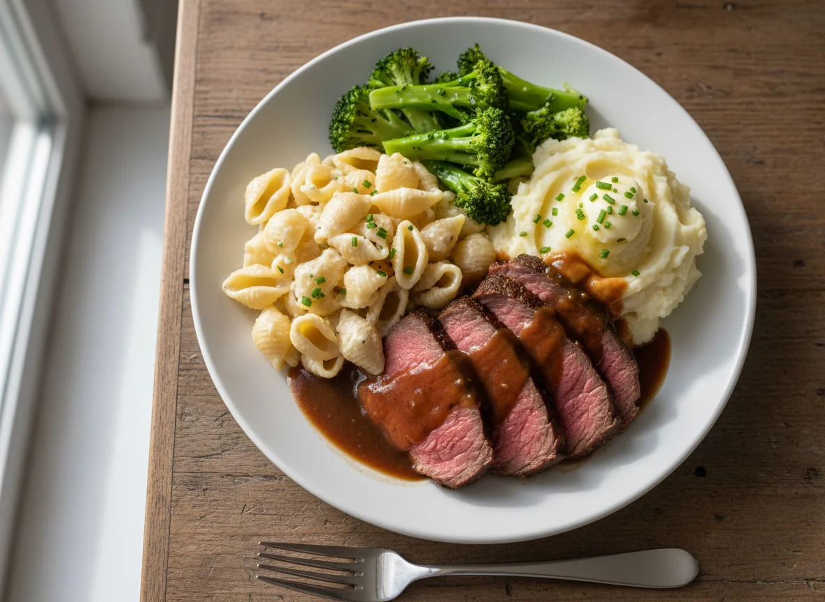 Roast Beef with Pasta, Mashed Potatoes, and Broccoli photo