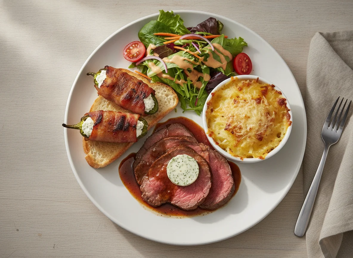 Roast beef with potato gratin, bacon-wrapped jalapeño, and side salad photo
