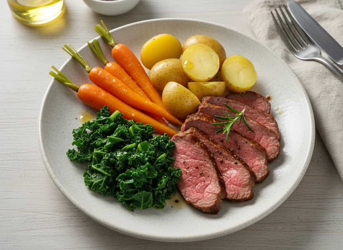 Roast Beef with Potatoes, Carrots and Kale photo
