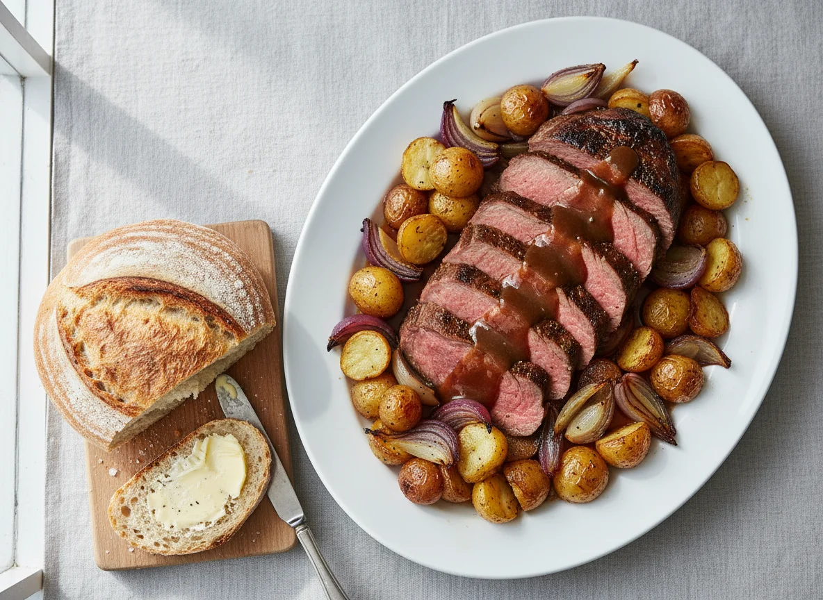 Roast Beef with Potatoes, Onions, and Bread photo