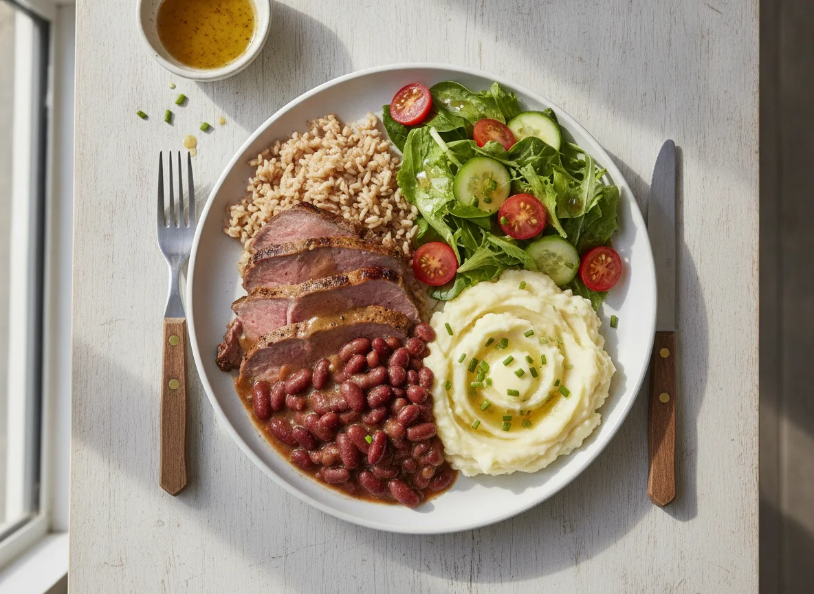 Roast beef with rice, beans, and salad photo