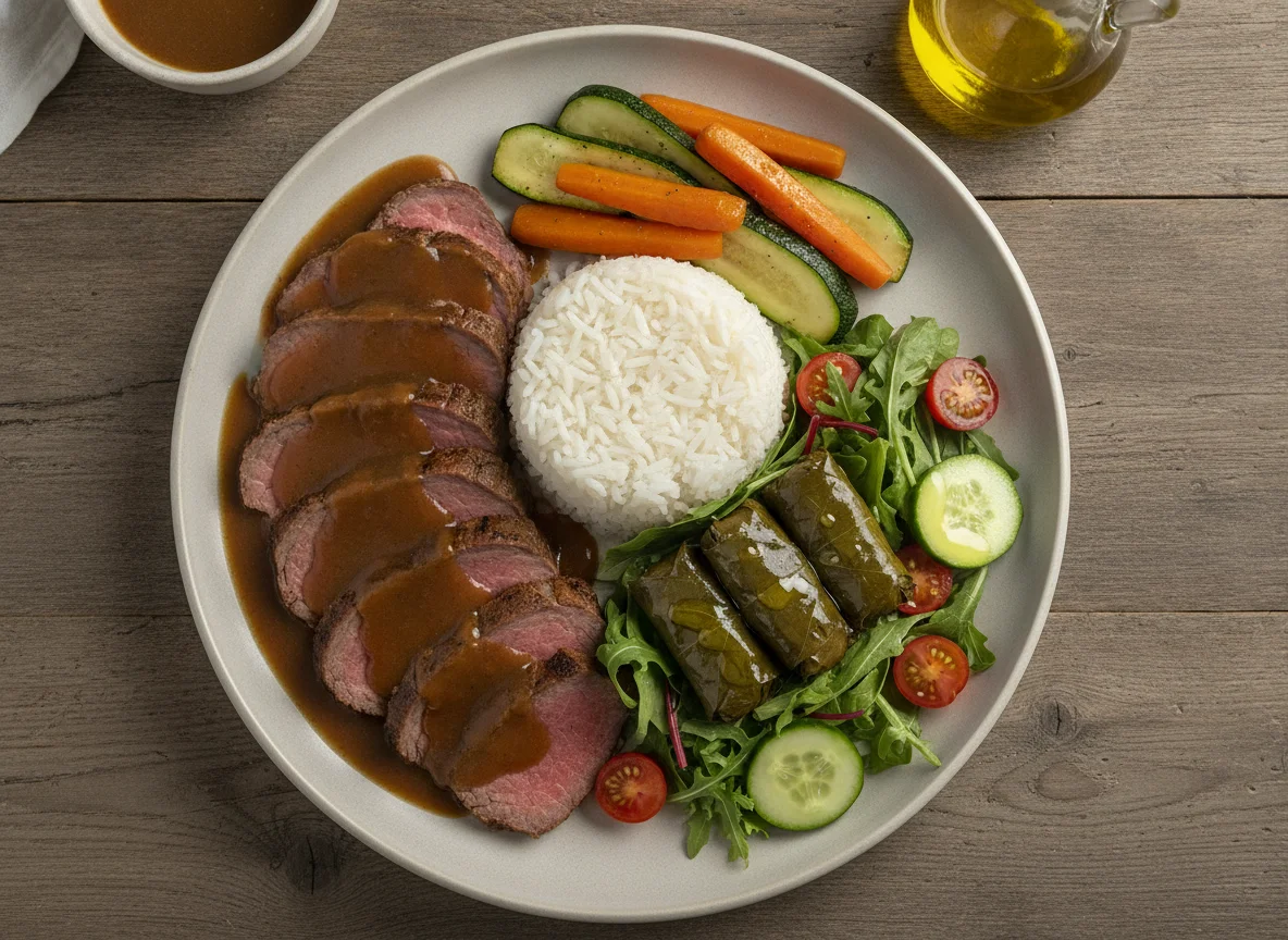 Roast beef with rice, steamed vegetables, and side salad with dolmadakia photo
