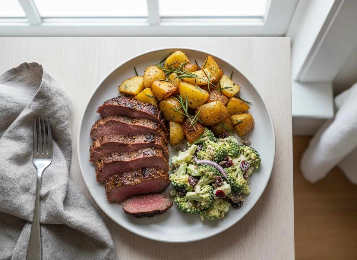 Roast Beef with Roasted Potatoes and Broccoli Salad photo