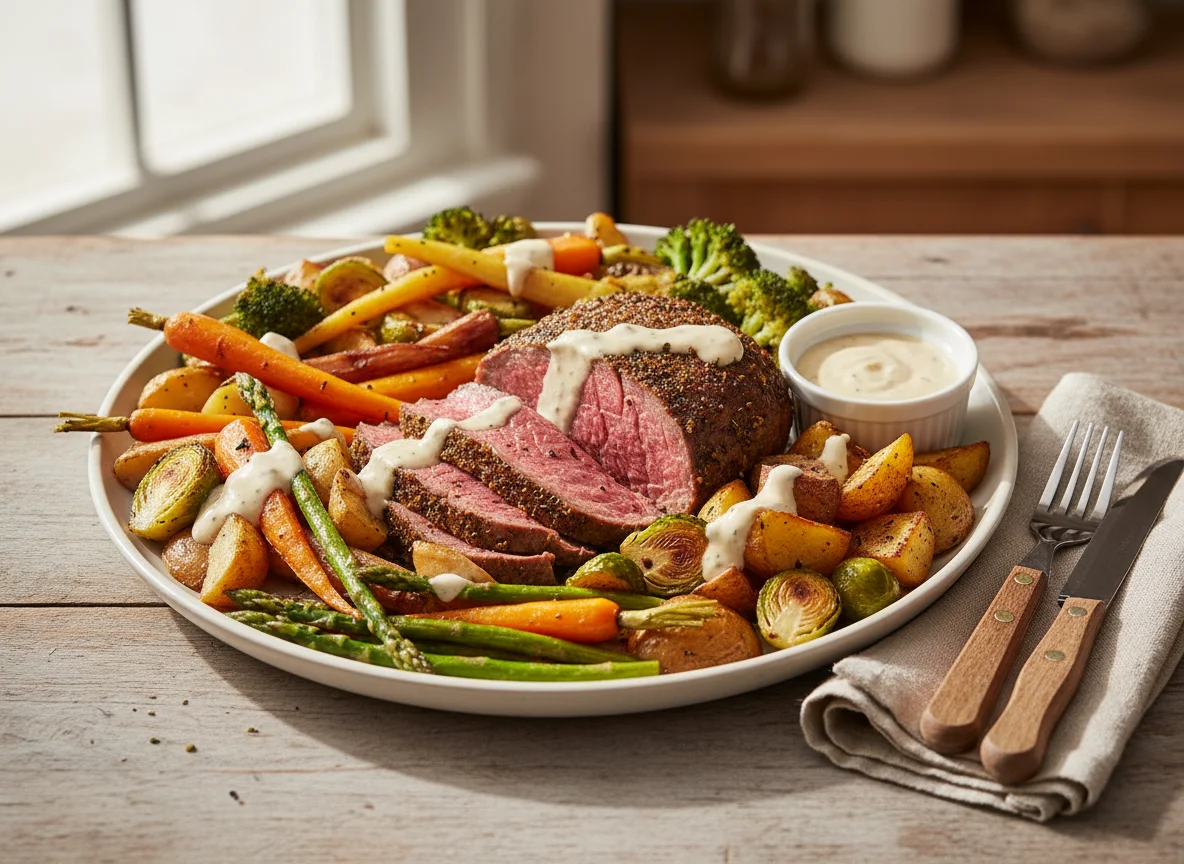 Roast Beef with Roasted Vegetables and Nando's Garlic Sauce photo