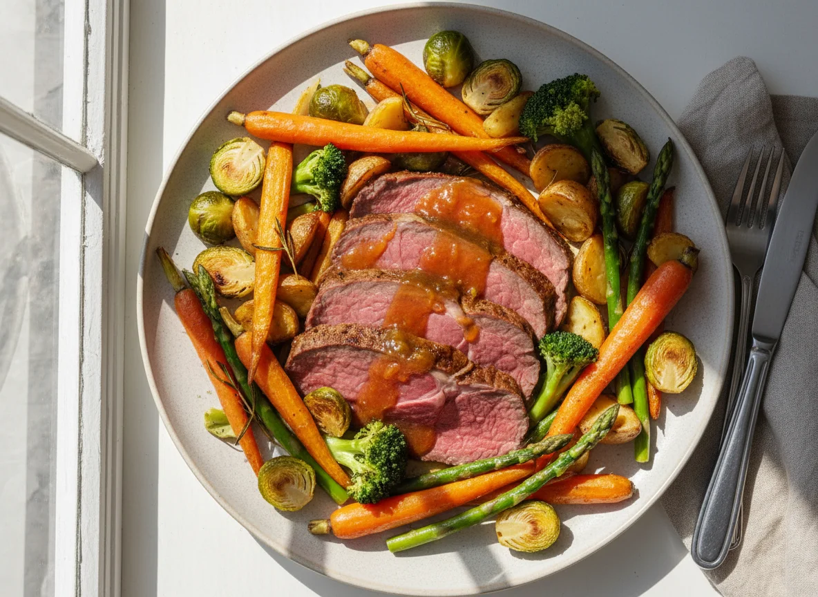 Roast Beef with Roasted Vegetables and Sauce photo