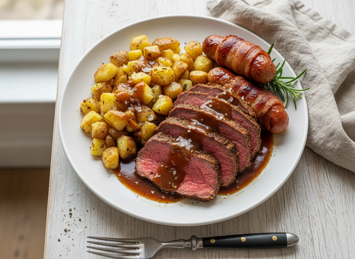 Roast Beef with Smashed Potatoes and Bacon-Wrapped Sausage photo