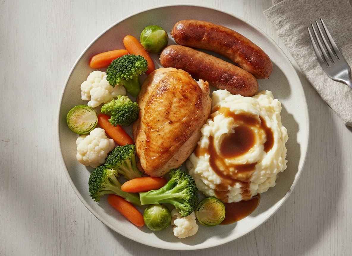 Roast Chicken and Sausage with Mixed Vegetables and Mashed Potatoes photo